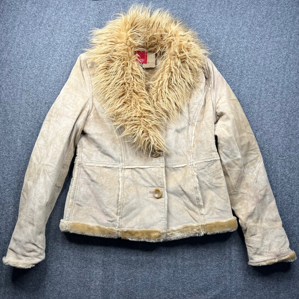 Esprit Jacket Womens Medium Tan Genuine Leather Faux Fur Trim Suede Coat 3182